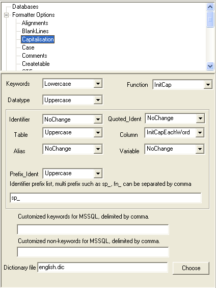 SQL Pretty Printer capitalization format options