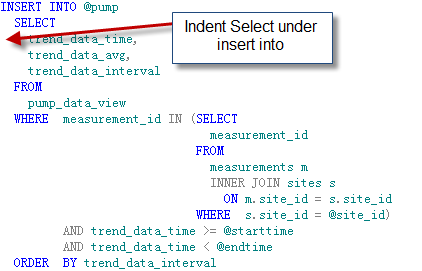 Indent select under insert into