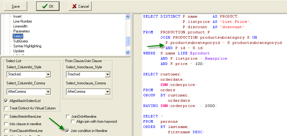 sql formatter, join condition in new line