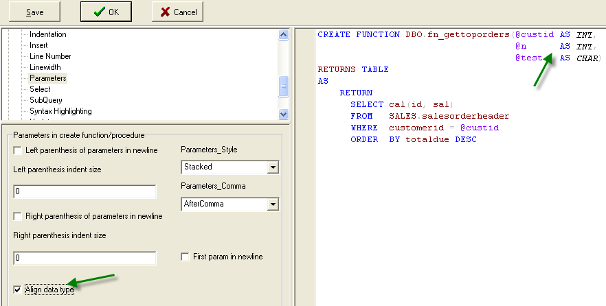 sql formatter, align data type.