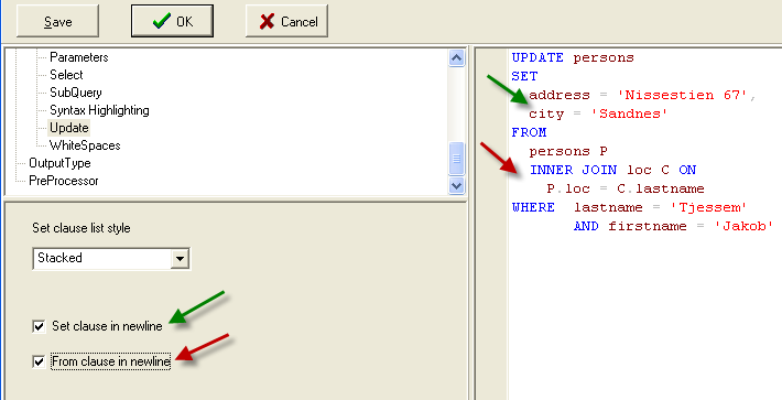 sql pretty pritner, update statement, set clause and from clause
