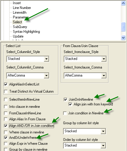 sql pretty printer format options: true left